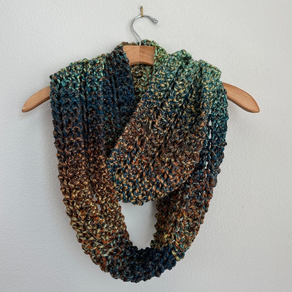 Handmade Hand Knit  Chunky Knit Infinity Scarf Turquoise Teal Bronze Brown Orange Gold Colorful Super Soft Cozy and Warm Winter Scarf