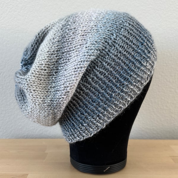 Hand Knit Slouchy and Fitted Beanie Handmade Superwash Wool Neutral Ombre 2 in 1 Winter Hat Denim Blue Gray Silver Cream Light Blue Sky