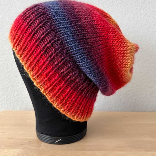 2 in 1 Slouchy AND Fitted Handmade Hand Knit Warm Wool Winter Beanie Sunset Ombre Gradient Blue Purple Orange Red Yellow Adult Teen Unisex