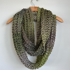 Handmade Hand Knit Chunky Lace Infinity Scarf Olive Green Muted Tan Black Moss Green Superwash Wool Scarf Warm Cozy Super Soft Scarf