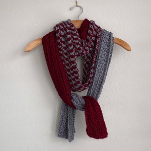 Handmade Knit Super Soft Long Scarf Merlot Burgundy Gray Grey Houndstooth Scarf Knit by Hand Wool Free Acrylic Scarf