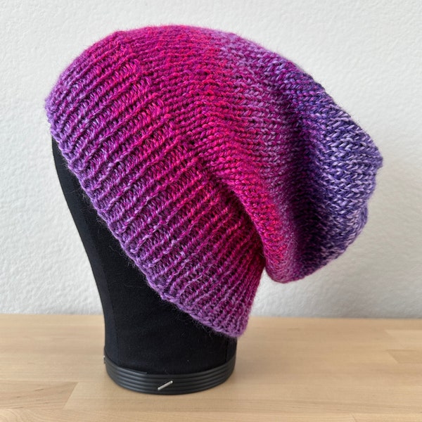 Handmade Knit Slouchy and Fitted Beanie 2 in 1 Soft Cozy Superwash Wool Knit Hat Winter Hat Purple Pink Blue Lavender Beanie