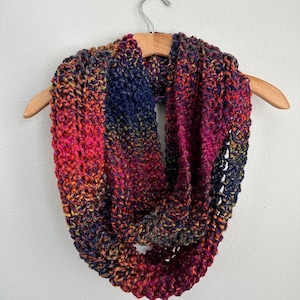 Handmade Hand Knit Rainbow Chunky Infinity Scarf Bright Colorful Super Soft and Cozy Warm Winter Scarf Sunset Magenta Blue Orange Yellow