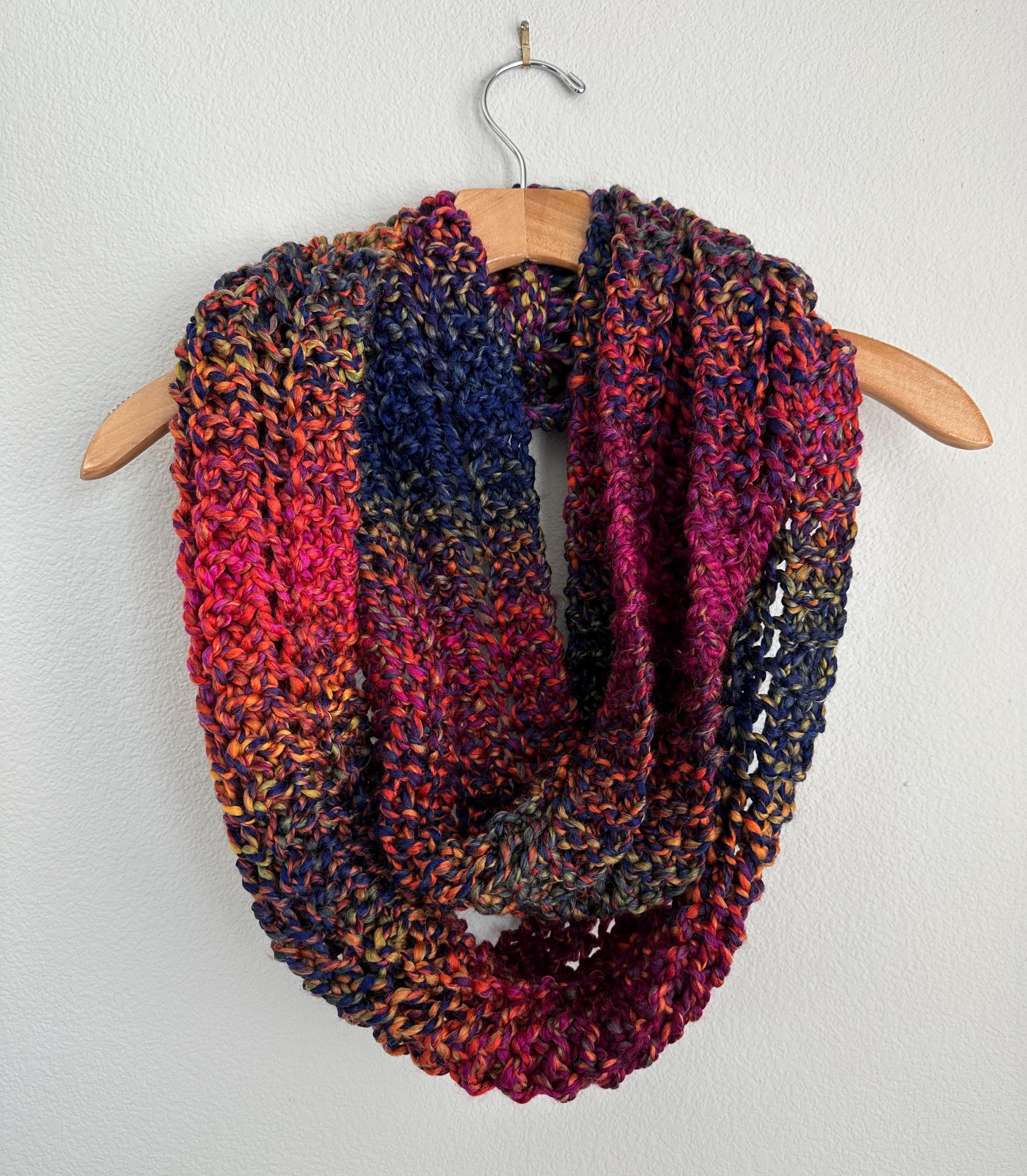 Handmade Hand Knit Rainbow Chunky Infinity Scarf Bright Colorful Super ...