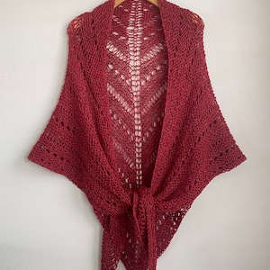Handmade Hand Knit Luxury Superwash Wool Shawl Ruby Red Lipstick Red Tweed Soft Cozy Warm Large Shawl Wrap