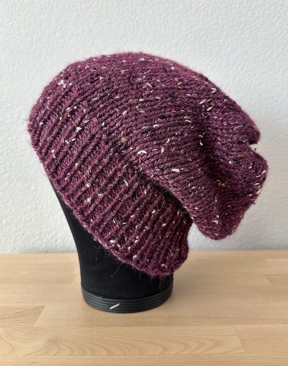 2 in 1 Slouchy AND Fitted Handmade Hand Knit Merino Wool and Alpaca Warm Soft Cozy Beanie Muted Magenta Plum Purple Adult Teen Sized Unisex