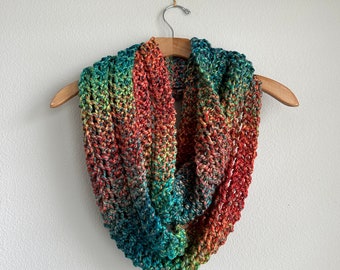 Handmade Chunky Superwash Wool and Acrylic Blend Infinity Scarf Turquoise Orange Yellow Green Colorful Scarf Loop Scarf Soft Cozy Warm