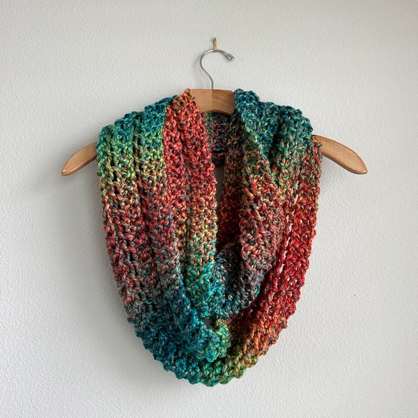 Handmade Chunky Superwash Wool and Acrylic Blend Infinity Scarf Turquoise Orange Yellow Green Colorful Scarf Loop Scarf Soft Cozy Warm