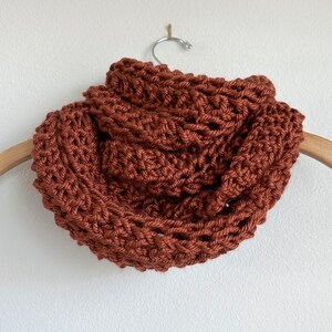 Handmade Hand Knit Chunky Wool Free Infinity Scarf Terracotta Rust Burnt Orange Umber Lace Bulb Scarf Acrylic Wool Free Yarn
