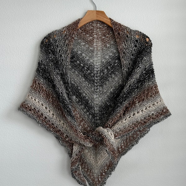 Handmade Hand Knit Wool Free Neutral Black Gray Tan Brown White Cotton Acrylic Lace Shawl Silver Sparkly Neutral Ombre Shawl Wrap Scarf