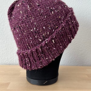 May include: A burgundy beanie with a speckled pattern. The beanie is knit and has a fold-over brim.