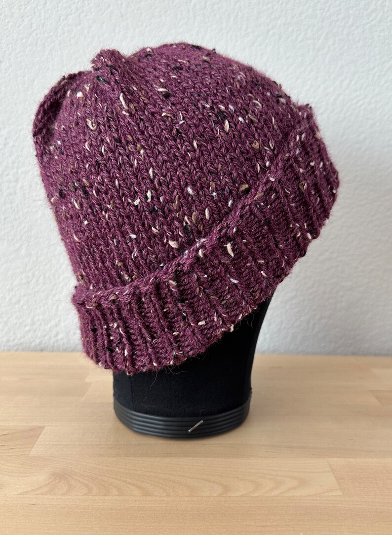May include: A burgundy beanie with a speckled pattern. The beanie is knit and has a fold-over brim.