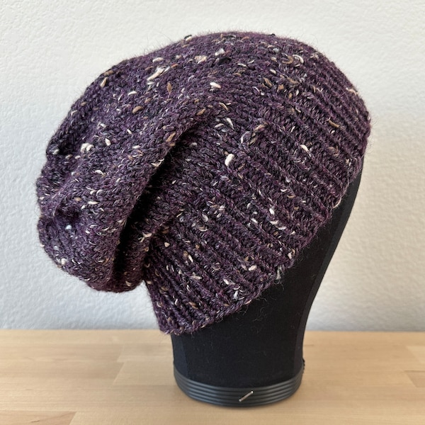 2 in 1 Slouchy AND Fitted Handmade Hand Knit Beanie Adult Teen Unisex Merino Wool Alpaca Dark Purple Violet Eggplant Tweed Speckled Hat