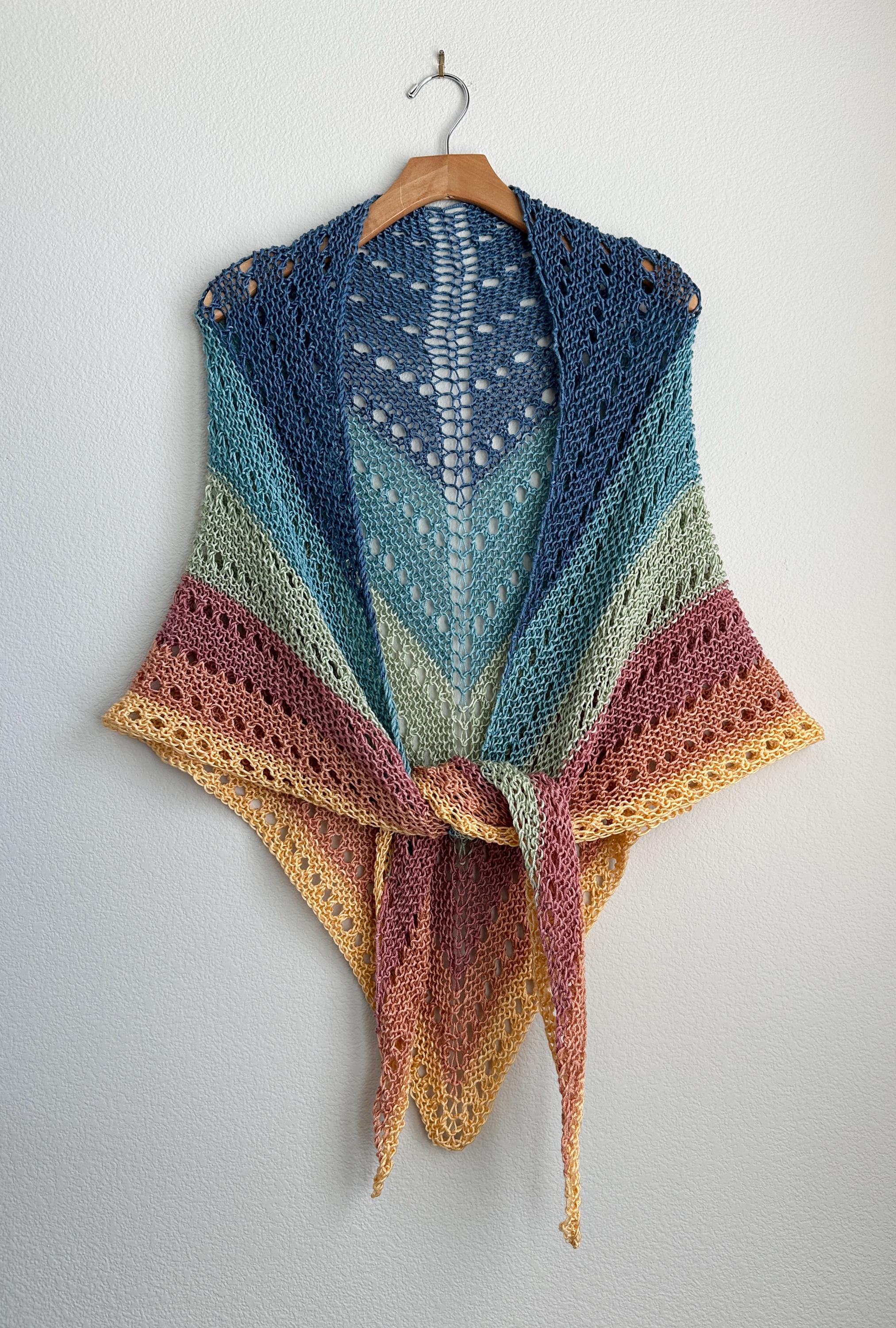 Handmade Hand Knit Lace Eyelet Shawl Wool Free Striped Color Block Wrap Denim Blue Terracotta Green Yellow Gold Bridal Wedding Soft Shawl