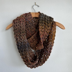 Handmade Hand Knit Chunky Warm Soft Infinity Scarf Acrylic and Superwash Merino Wool Blend Yarn Neutral Copper Brown Orange Rust Gold Blue