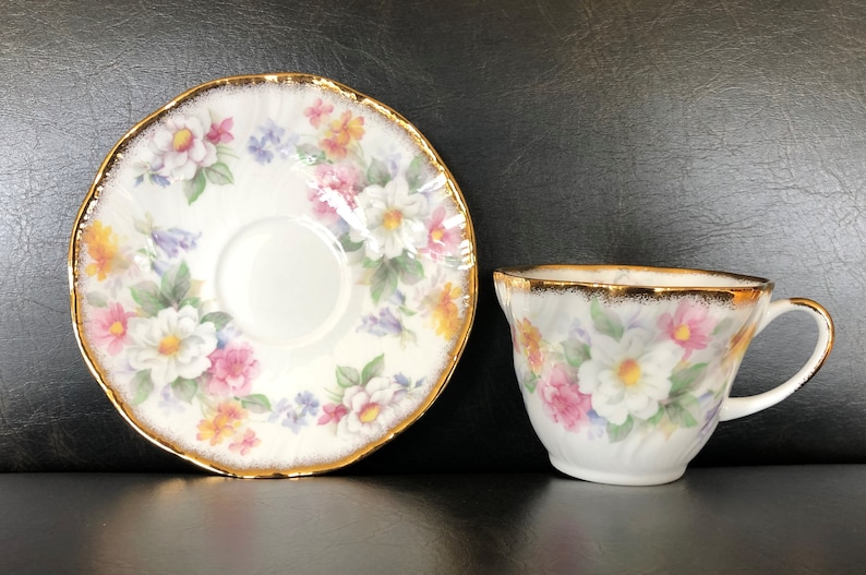 Queens Rosina Cup and Saucer Heavy Gold Bluebells White Apple Blossom and Roses Forget Me Nots