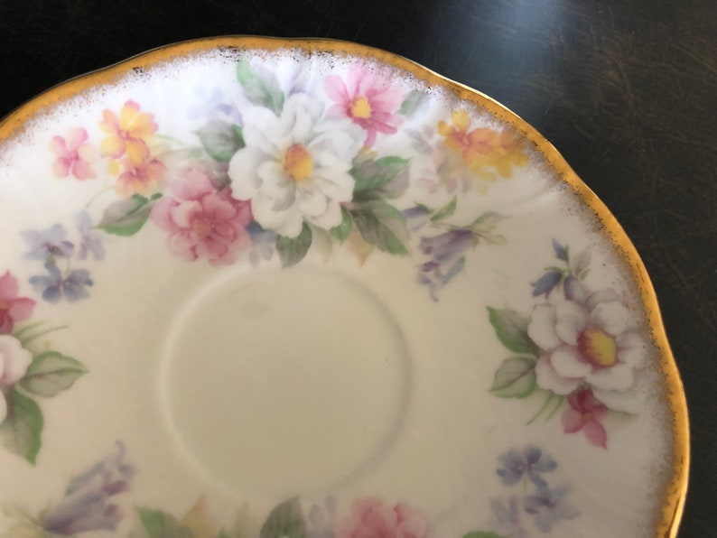 Queens Rosina Cup and Saucer Heavy Gold Bluebells White Apple Blossom and Roses Forget Me Nots