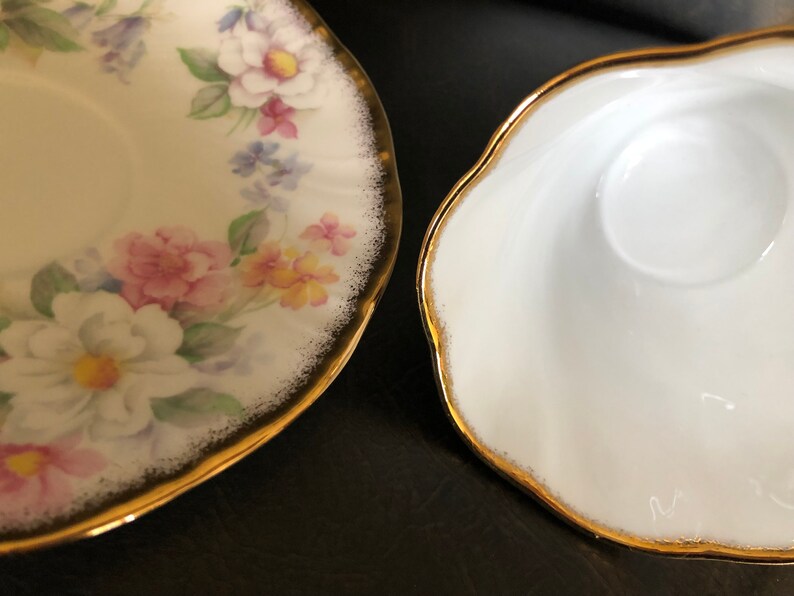 Queens Rosina Cup and Saucer Heavy Gold Bluebells White Apple Blossom and Roses Forget Me Nots