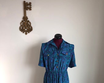 Vintage 1980s vestido, Leslie Fay – Teal / Púrpura collared