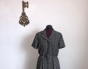 Vintage 1980s Dress, Leslie Fay – Navy / Green Collared