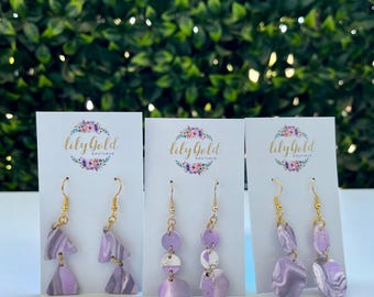 Polymer Clay Dangle Earrings, Purple Gold Handmade Jewelry, Unique Statement Accessories, Elegant Gift for Her - Clearance