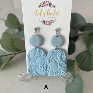 Floral Pattern Polymer Clay Dangle Earrings, Light Blue Sky Blue Jewelry, Handmade Floral Accessories, Unique Gift for Her