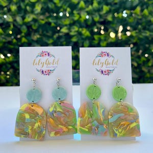 Colorful Translucent Arch Earrings, Handmade Polymer Clay Dangle Jewelry, Unique Statement Accessories - Clearance