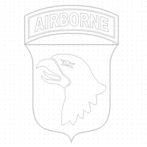 Puede incluir: Un emblema militar en blanco y negro. Presenta un escudo con la cabeza de un águila y la palabra "AIRBORNE" en una pancarta en la parte superior, todo en contorno.
