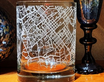 Etched Personalized Virginia Tech Map Double Rocks Glass, Blacksburg Area Rocks Glass, VT Map Whiskey Tumbler, Gift for Student Alumni Fan