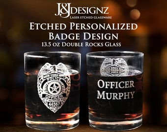 Etched Law Enforcement Personalized Whiskey Glass - Engraved Badge Design Perfect Gift for Police Dept, Graduation, Promotion or Retirement