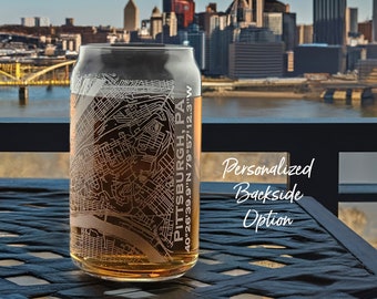 Pittsburgh Map Etched 16 oz Can Glass – Personalized Gift for Home & Sports Fans - Unique Keepsake for University Students and Graduates