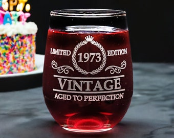 Customizable Vintage Year Etched Wine Glass – 17oz Stemless Wine Tumbler Personalized for Birthdays and Milestones - Unique Gift Idea