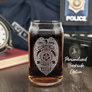 Personalized Police Badge Beer Glass: Law Enforcement Gift, Custom Engraved