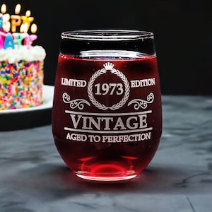 Customizable Vintage Year Etched Wine Glass – 17oz Stemless Wine Tumbler Personalized for Birthdays and Milestones - Unique Gift Idea