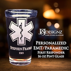 Personalized Etched EMT - Paramedic Pint Glass - Engraved Star of Life for EMS First Responder Mug - Volunteer Rescue Worker Gift