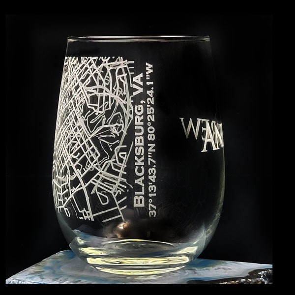 Etched Personalized Virginia Tech Area Stemless Wine Glass | Engraved Blacksburg Area Map Glass | Custom VT Map Wine | Gift for Graduate Fan