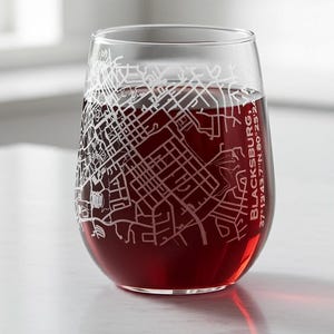 Blacksburg VA Map Stemless Wine Glass | Personalized Virginia Tech Home Town Present | Optional Text Personalization | 17oz Dishwasher Safe