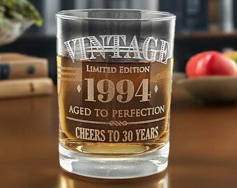 Personalized Whiskey Glass with Etched Vintage Design for Any Year - Personalized Text Line - Optional Backside Text - Unique Milestone Gift