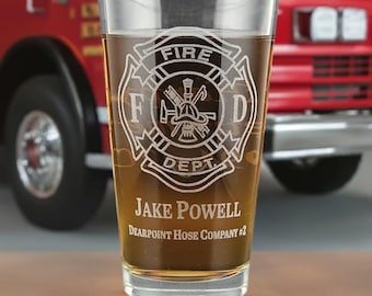 May include: A personalized glass beer stein with an etched design of a fire department logo, the text "FIRE DEPT." and the words "Jake Powell Dearpoint Hose Company #2".