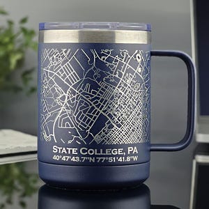 May include: A blue stainless steel travel mug with a laser-etched map of State College, Pennsylvania. The mug has a lid and a handle. The text "STATE COLLEGE, PA 40°47'43.7"N 77°51'41.8"W" is engraved on the mug.