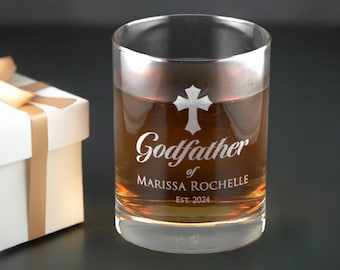 Personalized Etched Whiskey Glass: Godfather Baptism Gift with Optional Text