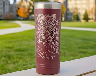 Blacksburg, VA Map Tumbler Including VT Campus – 22oz Etched Stainless Steel Insulated Travel Mug – Perfect Gift for Virginia Tech Fans