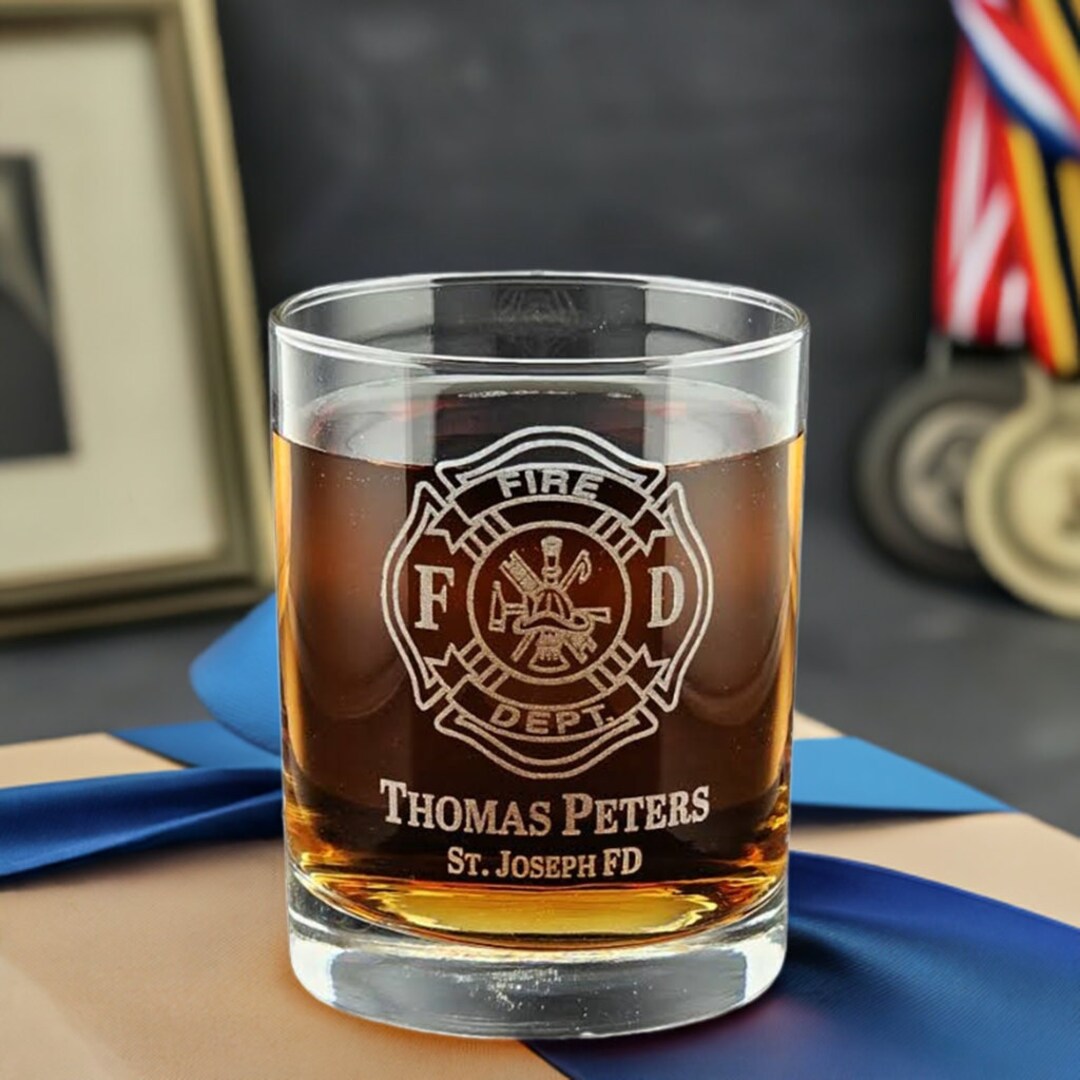 Personalized Firefighter Rocks Glass Custom Etched Fire Dept Whiskey Glass 13.5oz Dishwasher ...