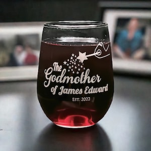 Fairy Godmother 17 oz Stemless Wine Glass - Personalized & Laser-Engraved - A Magical Gift Idea Perfect for Baptism or Godmother Proposal