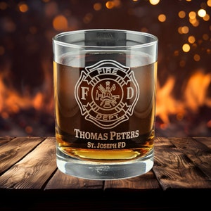 Personalized Firefighter Etched Whiskey Glass - Engraved Maltese Cross for Fire Department on Double Rocks - Volunteer Rescue Worker Gift