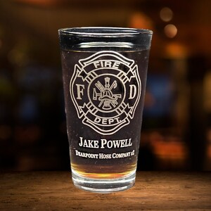 Personalized Firefighter Etched Pint Glass - Engraved Maltese Cross for Fire Department First Responder Mug - Volunteer Rescue Worker Gift