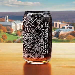 Penn State University Area Street Map Etched 16oz Can Glass With Optional Backside Text is a Great Personalized Gift for Students and Fans