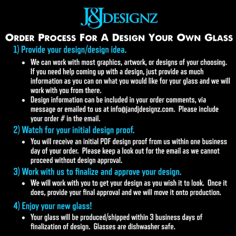 May include: A black and white text graphic with the title "ORDER PROCESS FOR A DESIGN YOUR OWN GLASS". The text outlines the steps for ordering a custom glass, including providing a design idea, receiving a design proof, finalizing the design, and enjoying the finished product.
