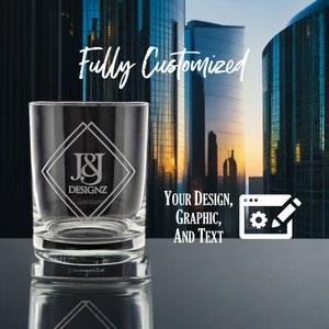 May include: A clear glass tumbler with a custom engraved design. The design features the initials "J&J" inside a diamond shape with the text "DESIGNZ" below. The text "Fully Customized" appears above the tumbler, and the text "Your Design, Graphic, and Text" appears below the tumbler. A white icon of a web browser with a gear and pencil appears to the right of the text.