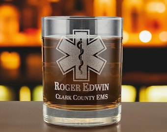 Personalized EMT Rocks Glass: Etched Star of Life, EMS Gift